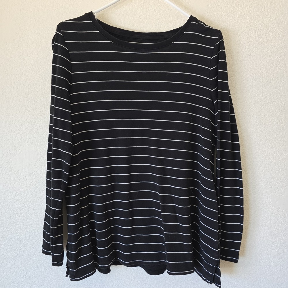 J. Jill Women Pima Cotton Crew Neck Long Sleeve Top Black Stripe Cozy Comfy Sz L
